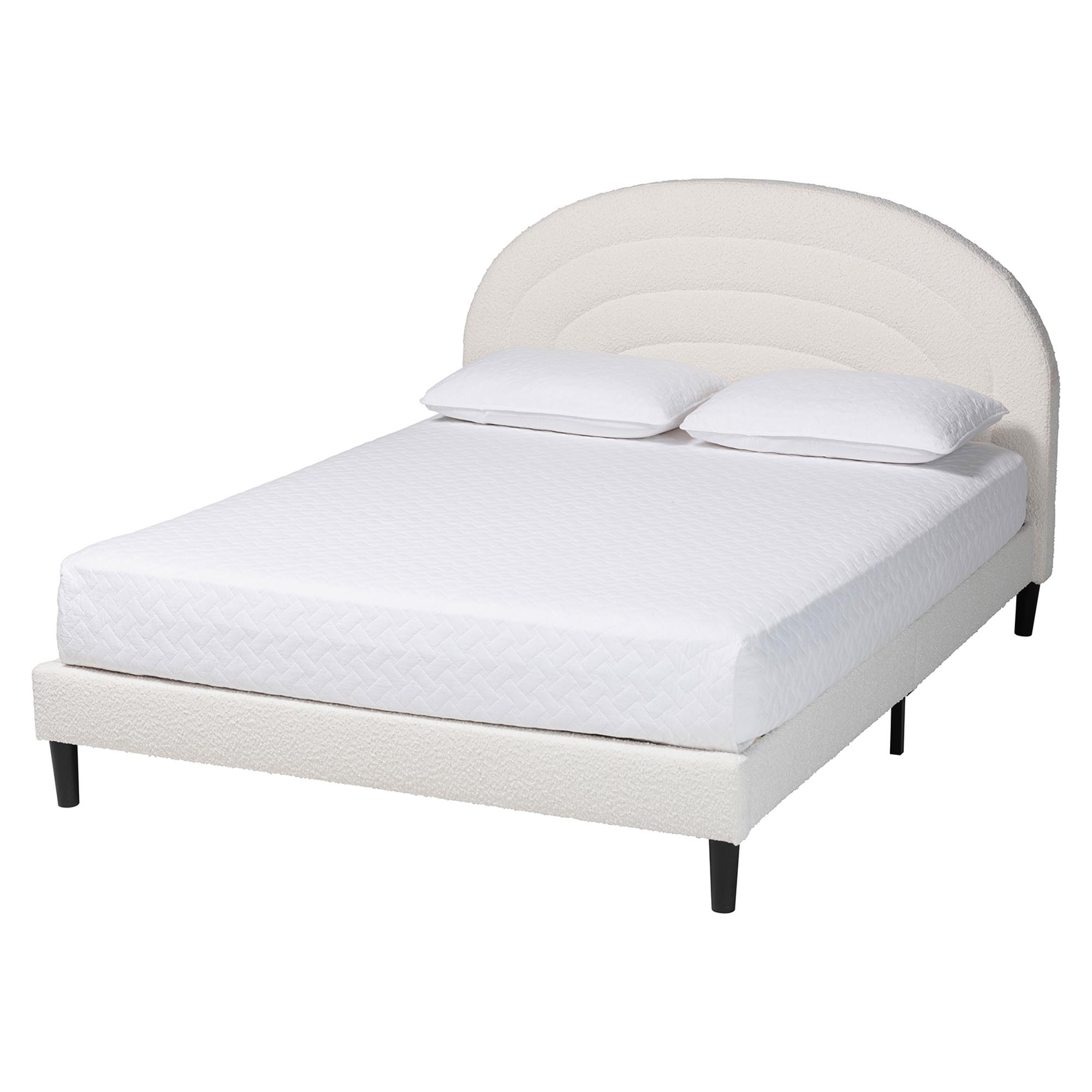Baxton Studio Pelagia Boucle Upholstered Platform Bed - Soft Fabric Queen Size Bed Frame with Padded Headboard, Minimalist Design, Cream Affordable modern furniture in Chicago, classic bedroom furniture, modern queen, cheap queen